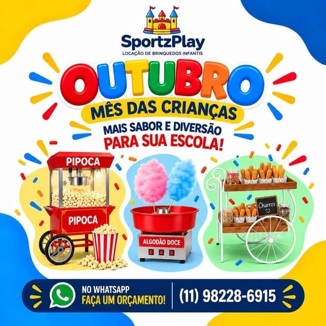 SportzPlay em ação: mais sabor e diversão para sua escola! Carrinhos retrô de pipoca quentinha, algodão doce e churros higienizados para comemorações escolares completas. 🍿🍭🎪
