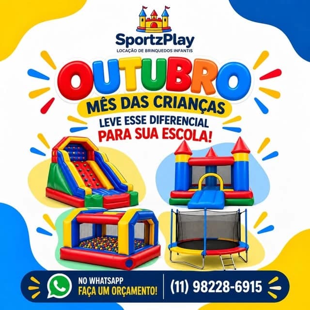Estrutura completa de brinquedos infláveis SportzPlay! Tobogã gigante, castelo pula-pula e cama elástica com laudo de segurança e monitores treinados para eventos escolares. 🏰🤸♂️🎈